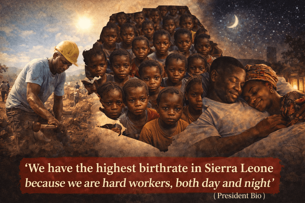A collage featuring a construction worker in a yellow hard hat, children in blue and brown shirts, and a couple peacefully sleeping, with a quote from President Bio about hard work and birthrate in Sierra Leone.